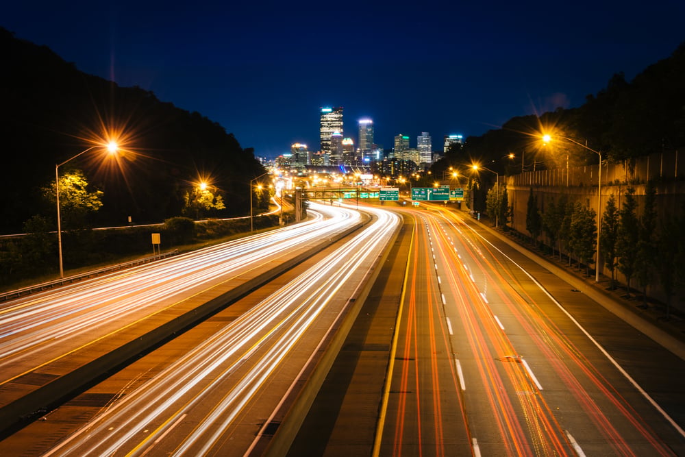 The Pittsburgh skyline and I-279 at night, in Pittsburgh, Pennsylvania.